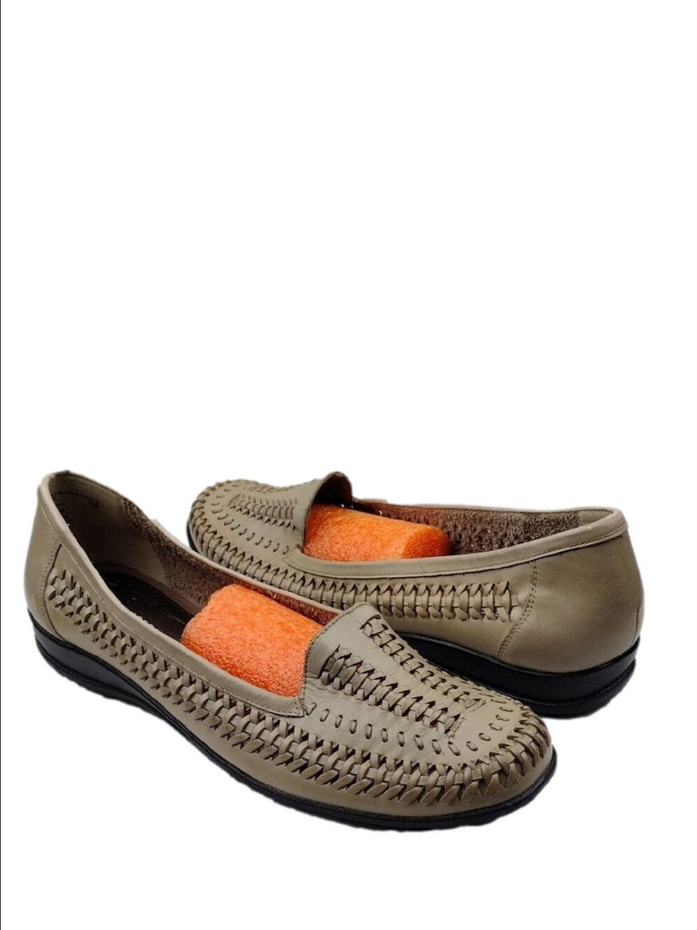 Covington Florence Taupe Leather Perforated Woven Wedge Heel Slip On Loafer Shoe